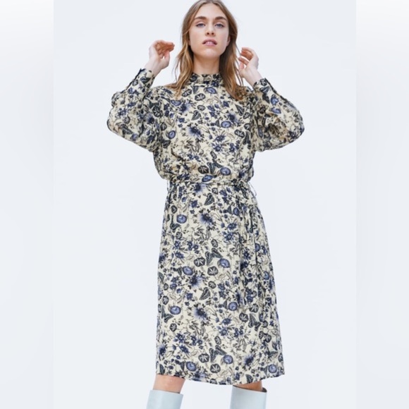 Zara Floral Print Midi Dress - Blue and Cream - Picture 1 of 10